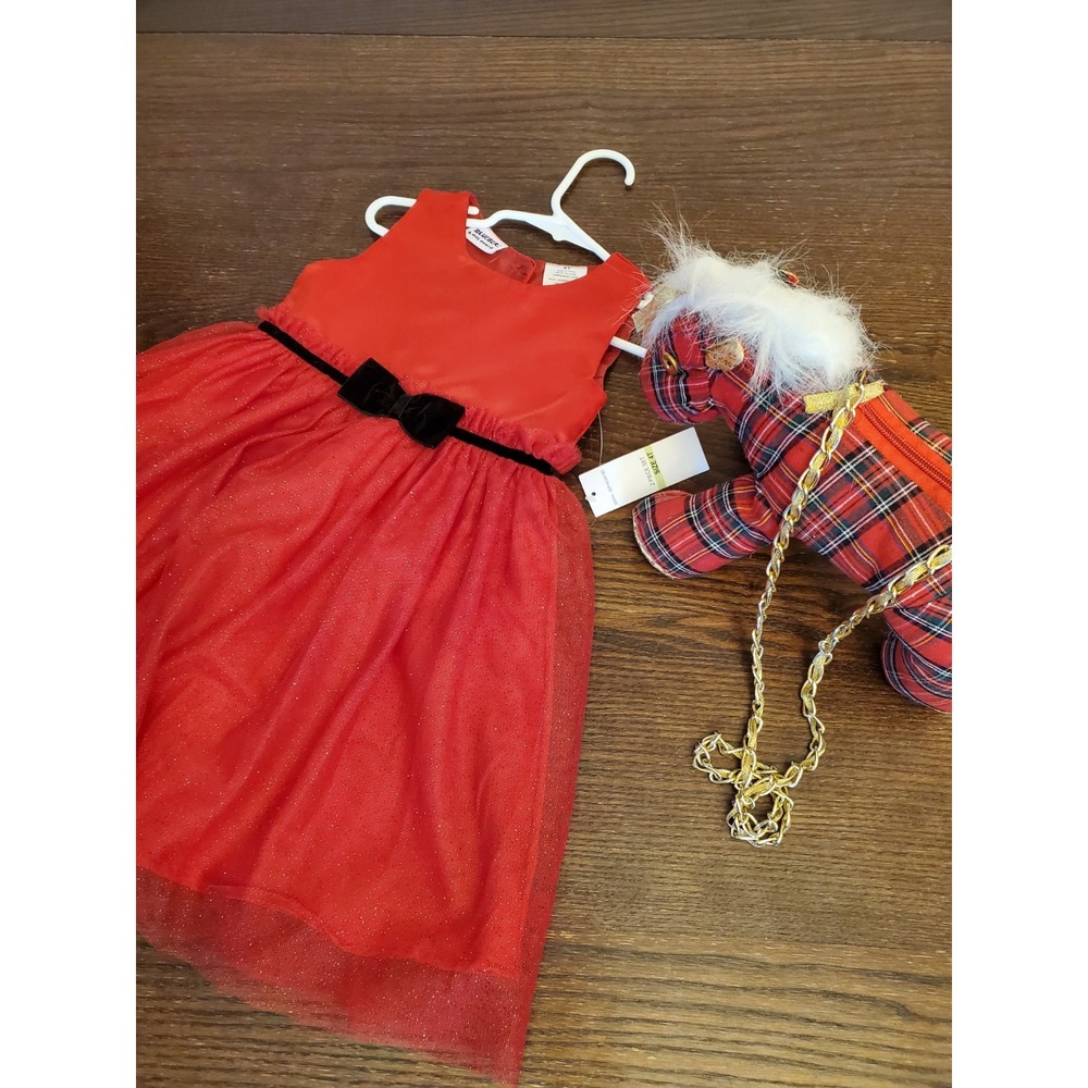 Blueberi Boulevard Girls 4T Red Dress‎ Satin, Sheer & Glittery w/Plaid Pony Tote